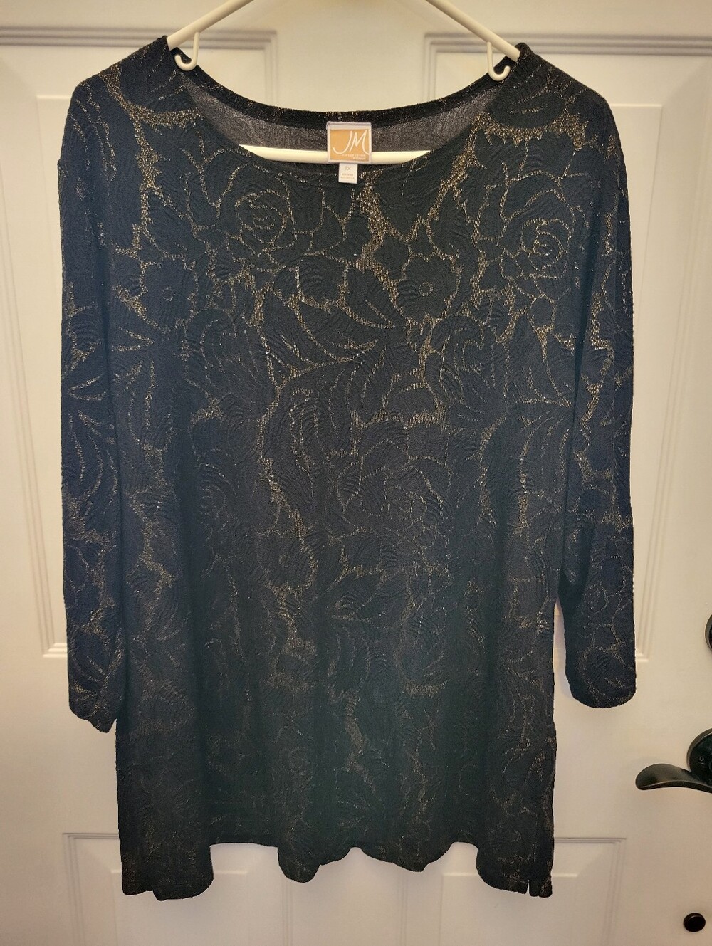 Ebellished JM Collection Black Tunic with Metallic Gold Floral Lace